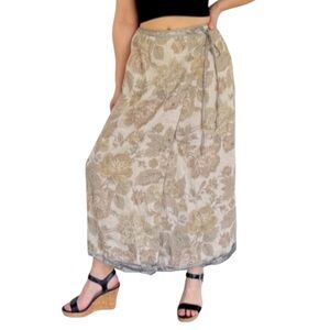 Vintage Carol Anderson linen silk gray beige floral print wrap maxi skirt size 8